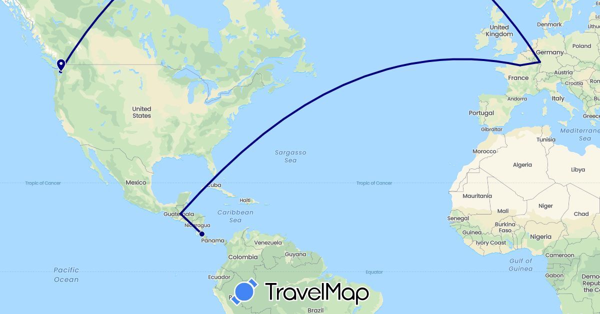 TravelMap itinerary: driving in Costa Rica, Germany, France, Guatemala, United States (Europe, North America)